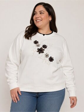 Hasting & Smith Women’s XL White Floral Embellished Crewneck Sweatshirt